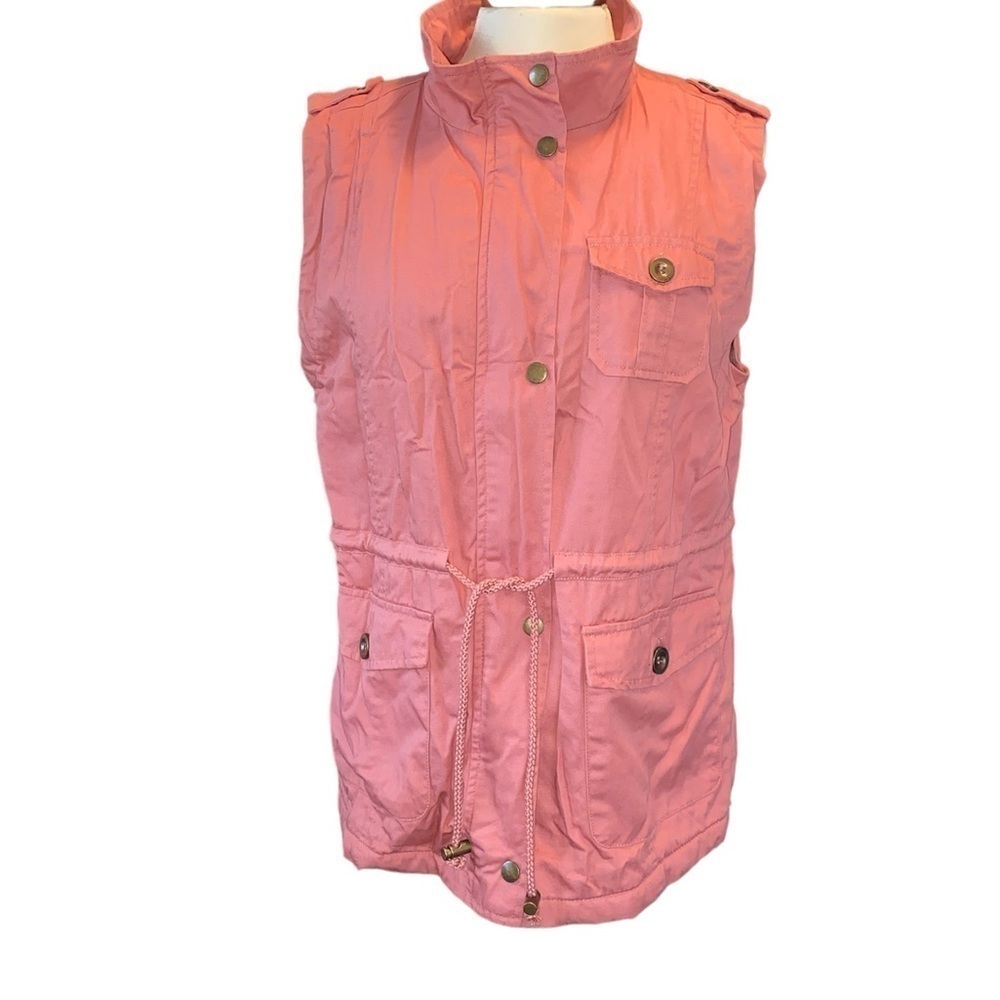 C’Esttoi vest button/zip closure drawstring waist faux fur lined pocket Sz Large